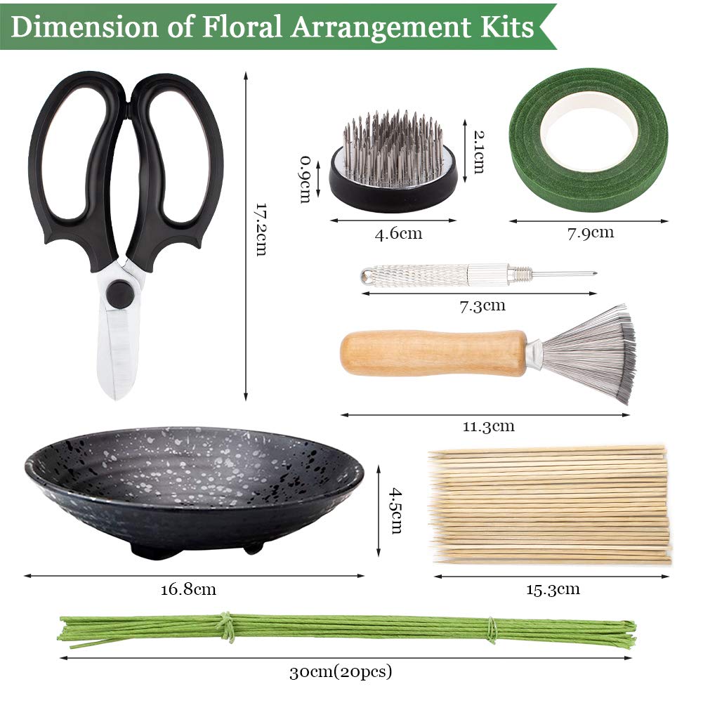 WANDIC Flower Arrangement Kit, Set of 51, Round Flower Holders, Ceramic Flower Pot, Kenzan Needle Cleaning Pin & Rake, Floral Stems and Floral Tape for Flower Arranging Art