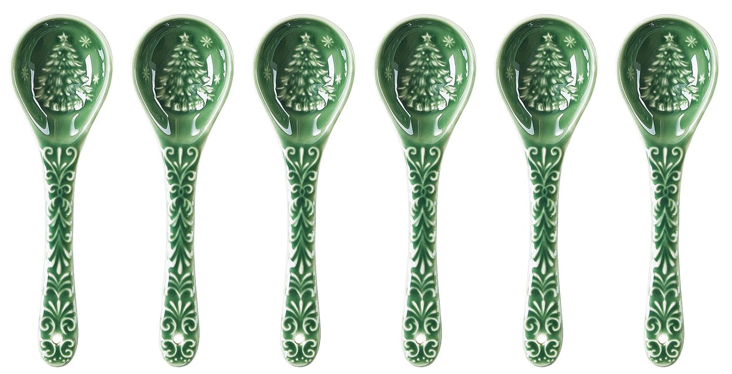 Metahom Christmas Tree Spoons, Ceramic Small Serving Spoons for Soups, Cereal, Ice Cream, Condiments, Dips, Charcuterie Boards, Dishwasher & Microwave Safe, Green, Set of 6