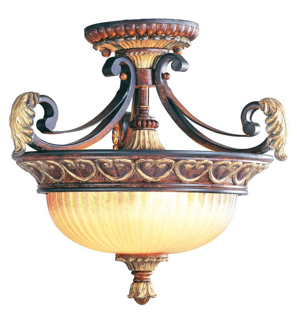 Livex Lighting 8577-63 Villa Verona 2 Light Verona Bronze Finish Flush Mount/Hanging Lantern with Aged Gold Leaf Accents and Rustic Art Glass