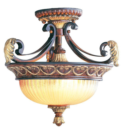 Livex Lighting 8577-63 Villa Verona 2 Light Verona Bronze Finish Flush Mount/Hanging Lantern with Aged Gold Leaf Accents and Rustic Art Glass
