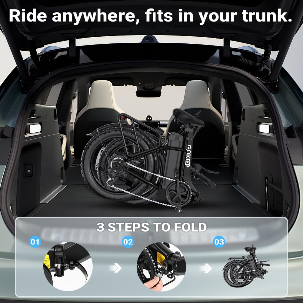 GOKEEP Folding Electric Bike, 1300W Peak Motor, 75 Miles PAS Range, 52V 13Ah Removable Battery, 20" Fat Tire & Front Suspension Electric Bicycles, 20MPH 7-Speed Commuter Ebike, UL2849 Certified, Black