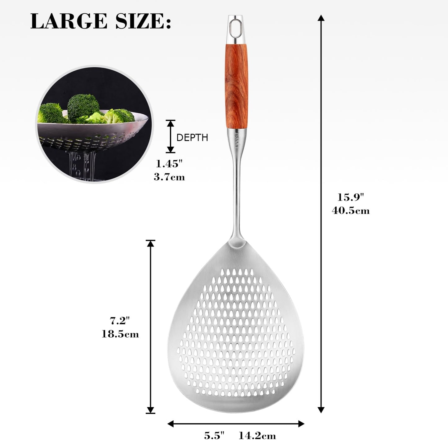 Large Slotted Spoon with Long Wooden Handle - Lyveit 16 Inch Deep Frying Scoop with Hanging Holes, 304 Stainless Steel Fryer Skimmer Spoons for Kitchen Cooking Frying Draining
