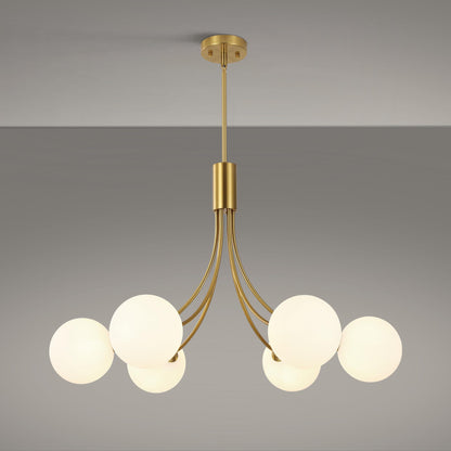 Xeruyiwa 6-Light Modern Gold Sputnik Chandelier Mid Century Brushed Brass Light Fixture with Milk Glass Globes for High Ceiling Dining Room Kitchen Island Living Room