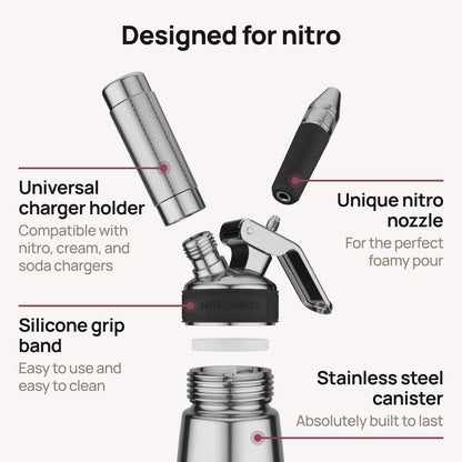 Original NitroPress - Nitro Cold Brew Coffee Maker | Portable Nitrogen Infuser for Smooth Nitro Drinks, Cold Brew, Cocktails & Tea at Home or On the Go | Uses N2 Cartridges | Stainless Steel Design