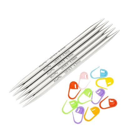 KnitPro Stelo Lace DPN Double Pointed Knitting Needles 6" (15cm) US 10 (6mm) Stainless Steel, Precision Tapered Tips, Smooth Yarn Glide, Ideal for Socks, Hats, & Sleeves, Incl. 10 Stitch Markers