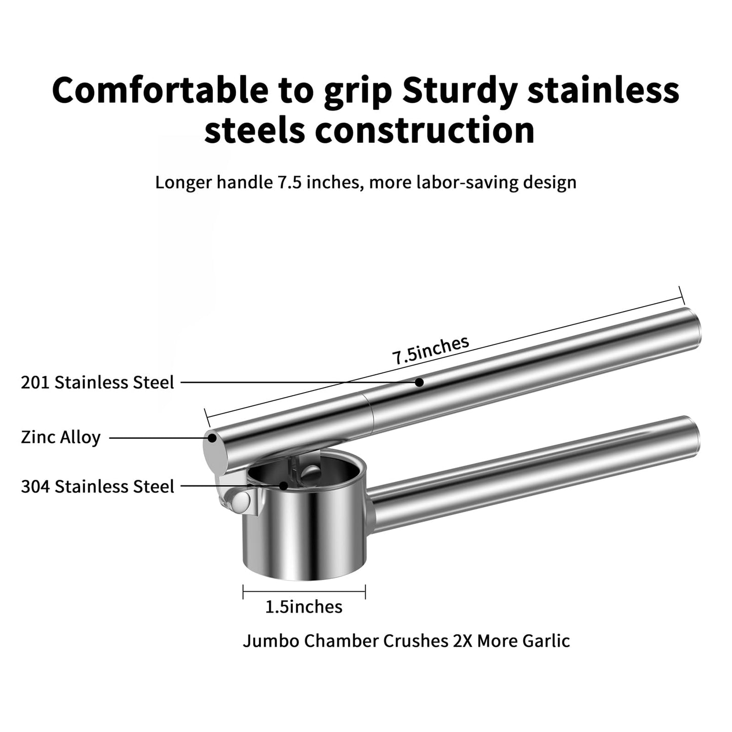 5-in-1 Stainless Steel Garlic Press Set with Jumbo Chamber & Mincer - Heavy Duty Rustproof Garlic Crusher with Ergonomic Handle, Dishwasher Safe, Easy Squeeze Design for Ginger, Nuts, Herbs