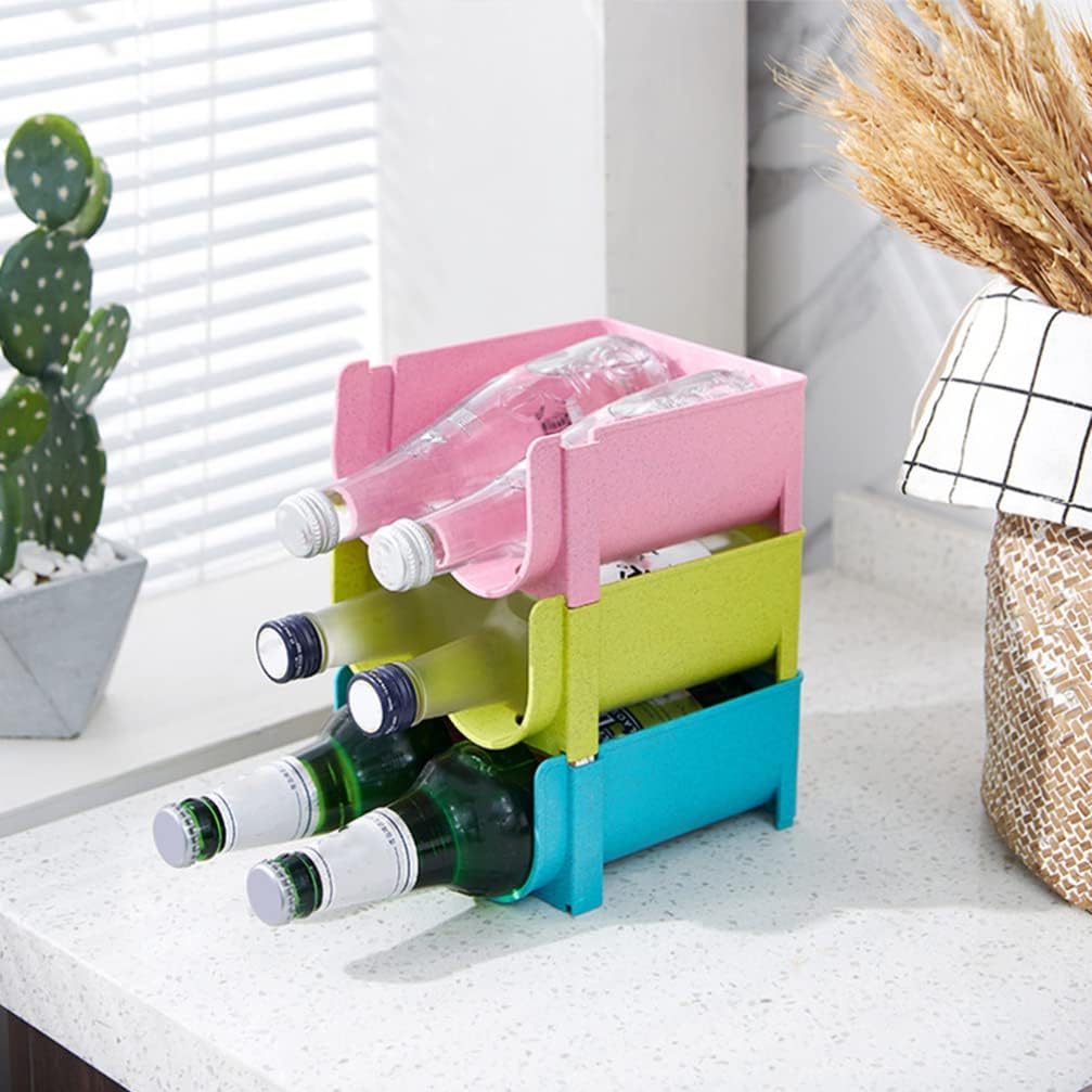 Hemoton 3pcs Refrigerator Bottle Storage Rack, Stackable Plastic Wine and Water Bottle Organizer for Pantry, Pink