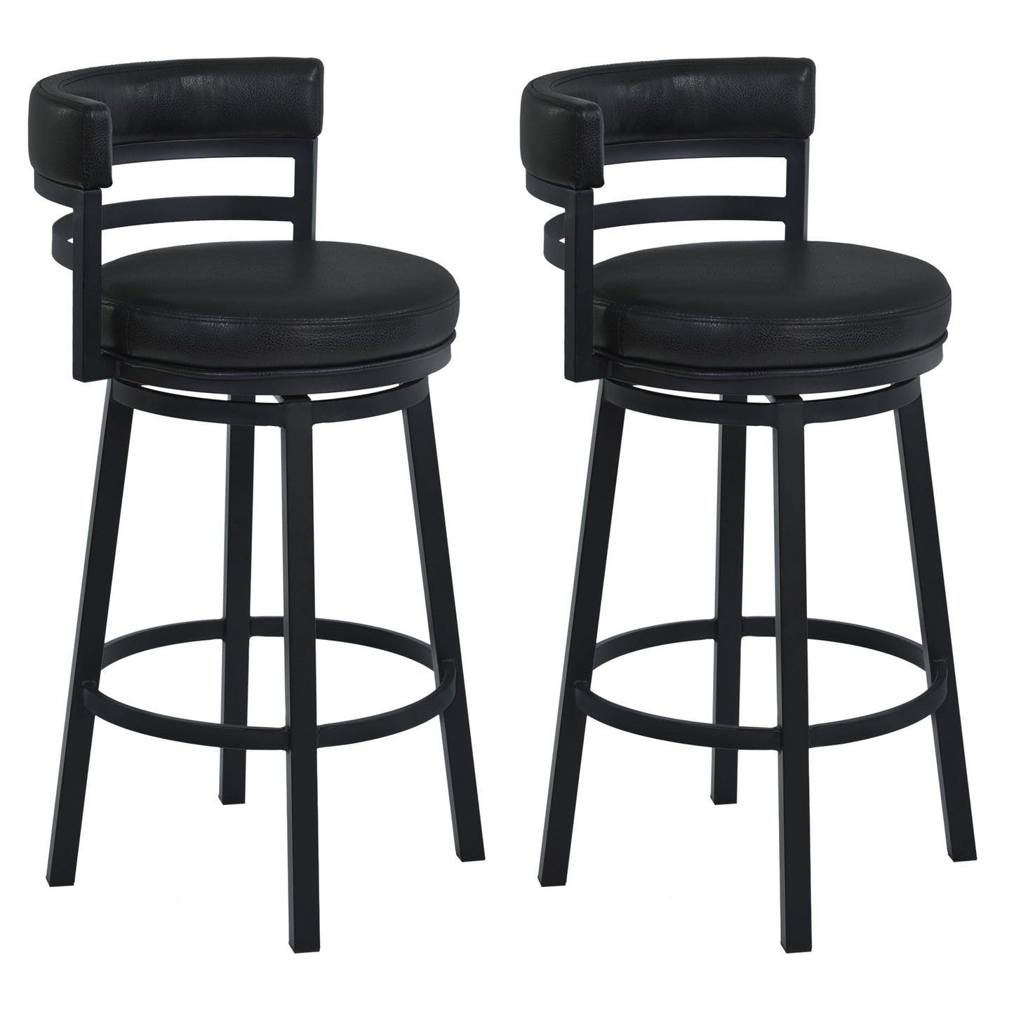 Armen Living Madrid 26" Seat Height Swivel Modern Ford Black Faux Leather and Black Finish Bar Stool for Kitchen Island Counter, Set of 2