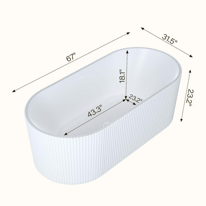 67" Acrylic Freestanding Soaking Bathtub, Deep Ergonomic Design with Lumbar Support, Integrated Overflow Drain, Non-Slip Base,cUPC Certified Modern Bathroom Tub, Easy Installation for Bathroom