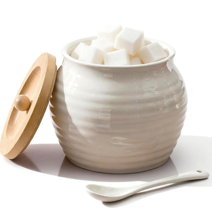 Rougizor 13oz Ceramic Sugar Bowl with Lid and Spoon, Porcelain Sugar Jar with Bamboo Lid, Salt Container Jar for Coffee Bar, Countertop, Kitchen, White Seasoning Container