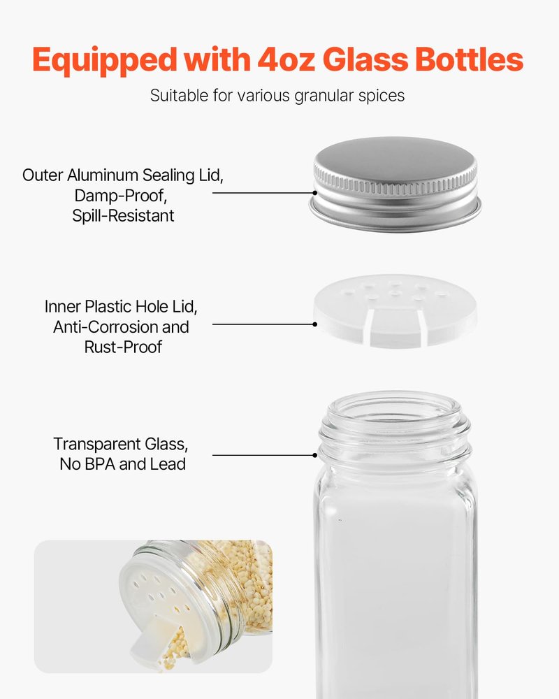 VEVOR Spice Rack Organizer for Cabinet, Spice Organizer with 36 Empty Spice Jars, Lids, Spice Labels, and Funnel Complete Set, Seasoning Organizer for Countertop, Kitchen, Pantry, Cupboard, 18x11 in