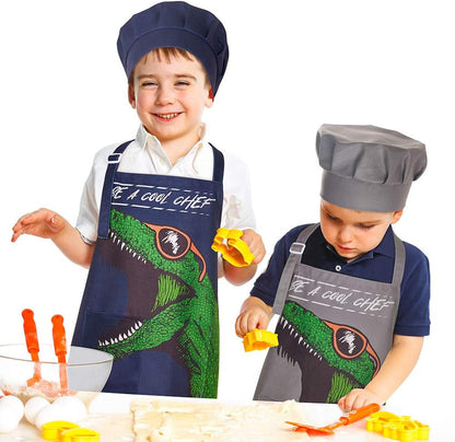 MHJY Kids Apron and Chef Hat for Boys, Adjustable Dinosaur Child Aprons with Pockets for Cooking Baking Painting 3-12