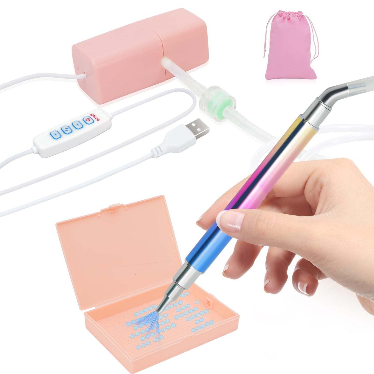 Electric Diamond Art Pen for Diamond Painting, Vacuum Diamond Art Pen with Storage Tray, Accessories Tool for Setting AB Stones Without Wax, Quiet and Long-Lasting (Pink)
