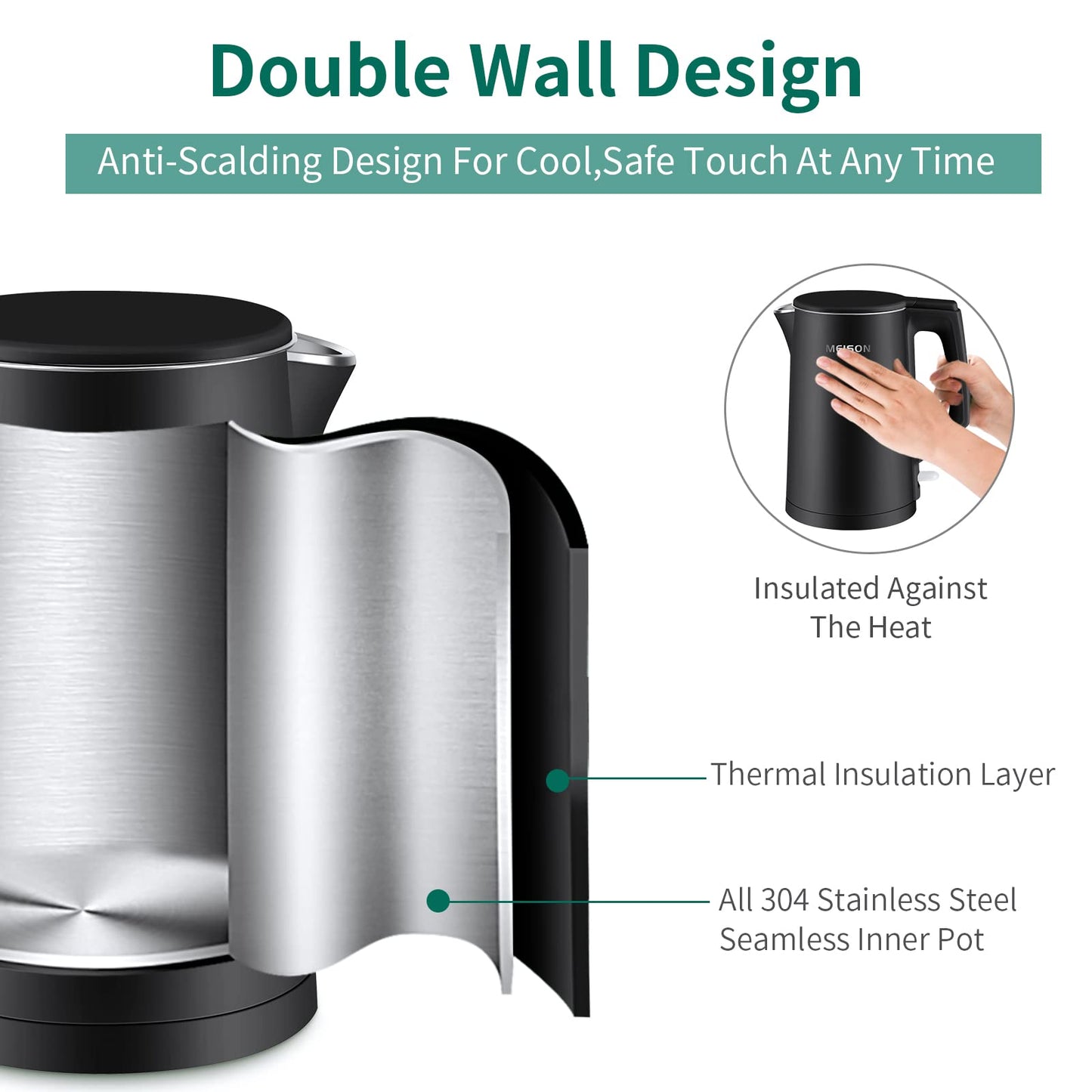 MEISON Electric Kettle, 1.7 L Double Wall Food Grade Stainless Steel Interior Water Boiler, Coffee Pot & Tea Kettle, Auto Shut-Off and Boil-Dry Protection, 1200W, 2 Year Warranty(Black)