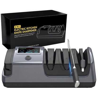 5-in-1 Electric Knife Sharpener for All Knives – Diamond Abrasive Sharpener with 3 Speeds & LCD Display | Sharpens Straight, Serrated, Kitchen Knives & Scissors | Automatic, Safe, Easy to Use (gery)