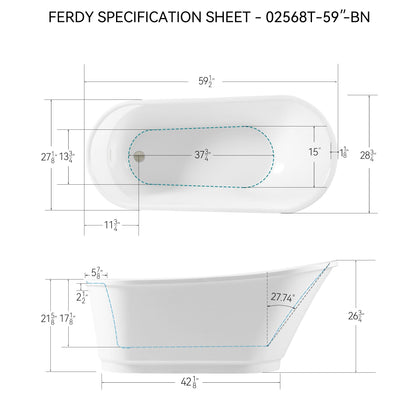 FerdY Langkawi 59" Acrylic Freestanding Bathtub, White Modern Stand Alone Soaking Bathtub, cUPC Certified, Brushed Nickel Drain and Minimalist Linear Design Overflow Included, Easy to Install
