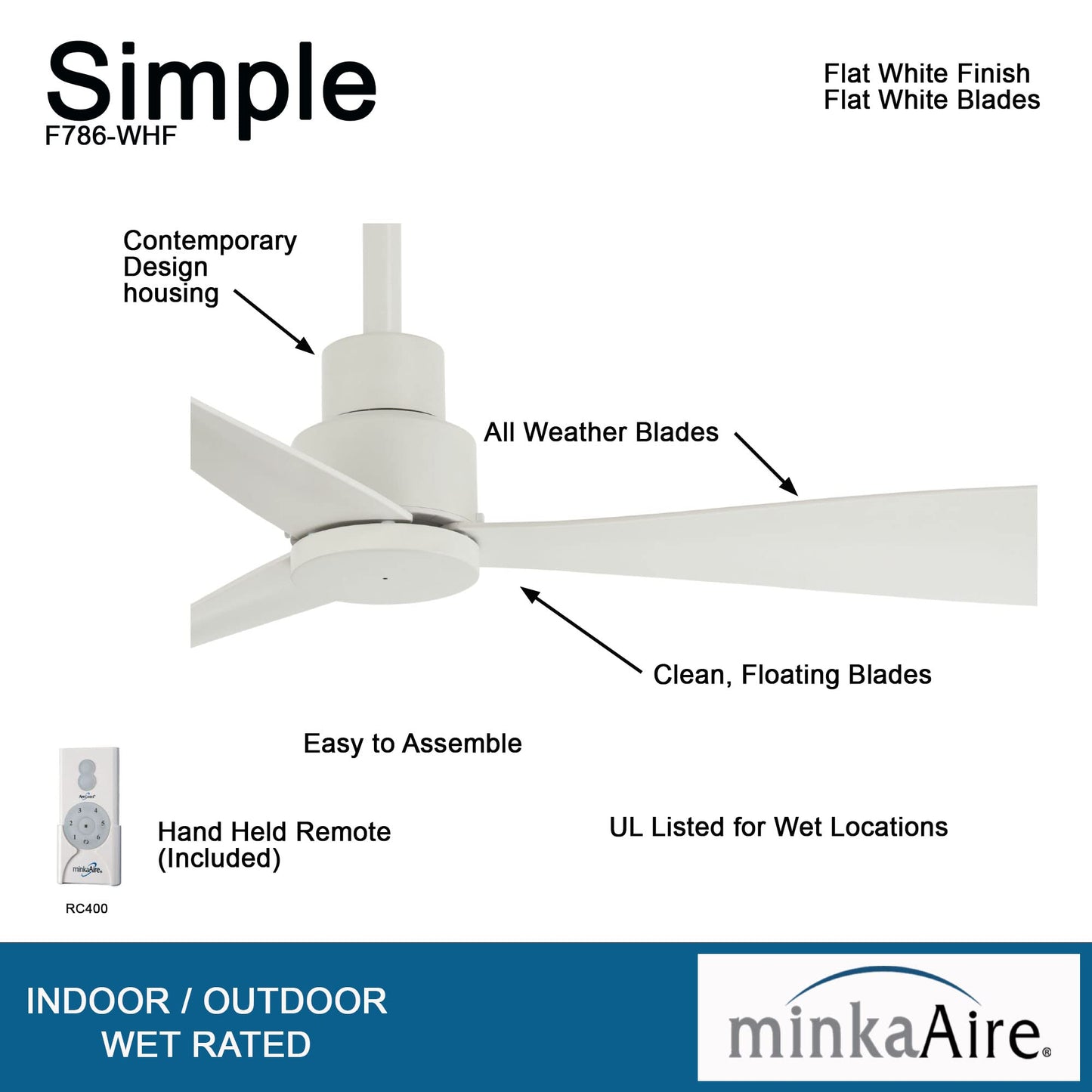 Minka Aire F786-SBR/WHF Simple - 44 Inch Ceiling Fan in Soft Brass with Flat White Blades