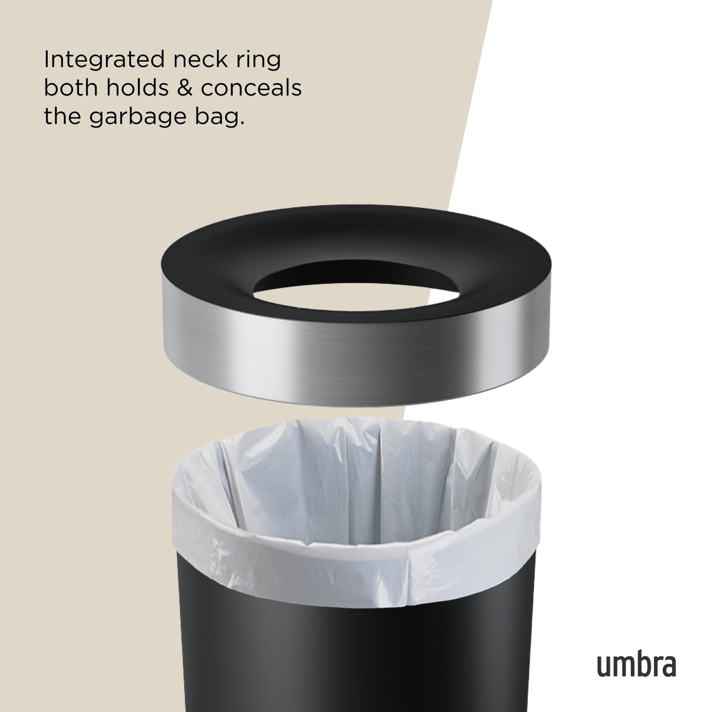 Umbra Vento Kitchen Trash Can – Large 16 Gal (62 L) Open Top Garbage Can for Home & Office – Modern Clean Design, Black/Nickel