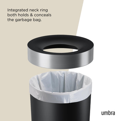 Umbra Vento Kitchen Trash Can – Large 16 Gal (62 L) Open Top Garbage Can for Home & Office – Modern Clean Design, Black/Nickel