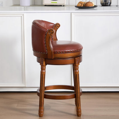 GDFStudio Cow Top Leather Wood Bar Stool with Backrest, 360 Degree Swivel Counter Height Bar Stool, Upholstered Solid Wood Rustic Farmhouse Bar Chair for Kitchen Island Home Bar Dining, New Brown 26"