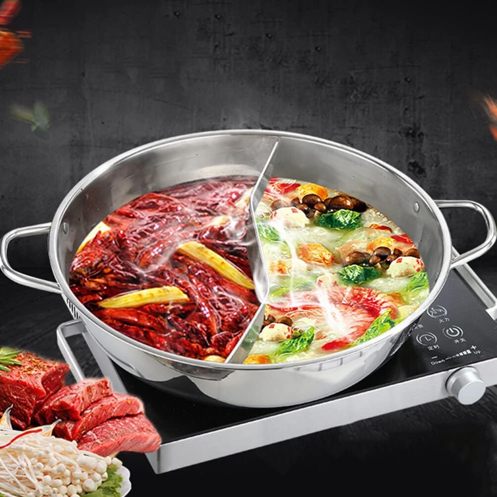 UPKOCH Stainless Steel Pot with Divider, Weldless Hot Pot for Two-flavor Soup, Shabu Shabu Pot, Induction Cookware, 28cm