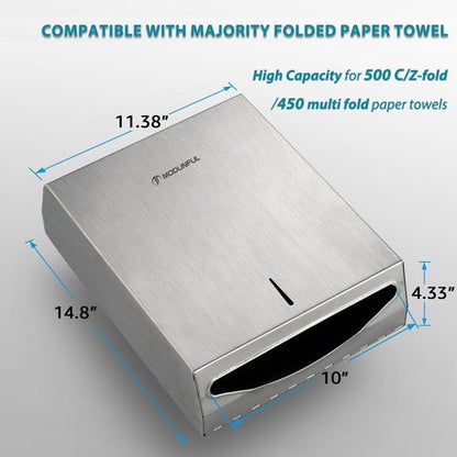 2 Paper Towel Dispenser Wall-Mount - SUS304 Brushed Stainless Steel Commercial Paper Towel Holder with Lock, Large Capacity 400 Multifold/420 C/Z Fold Towels