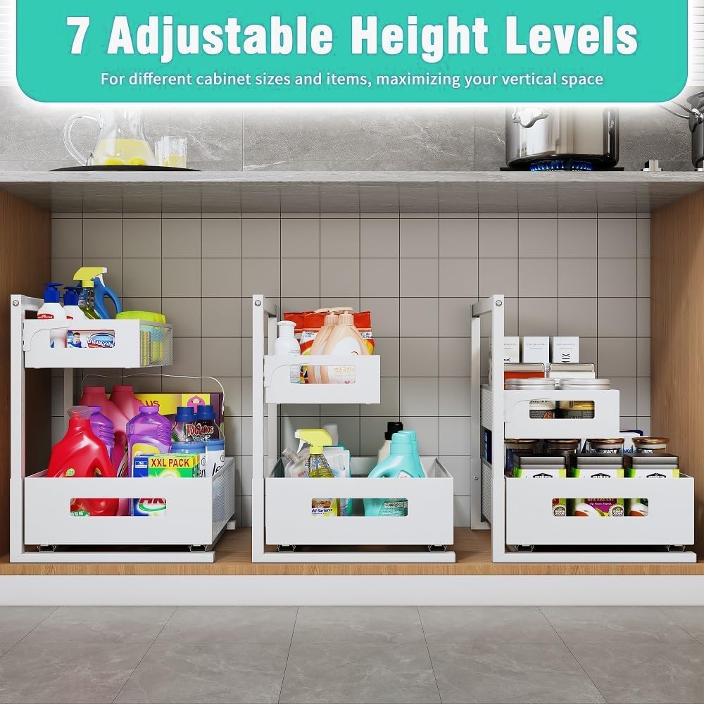 Petiza Under Sink Organizer Adjustable Height 2 Tier Bathroom Organizer Pull Out Cabinet Organer kitchen organizers and storage fridge organizers and storage,White,XL-1 Pack