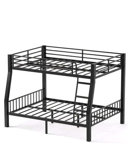 Mixcous Full XL Over Queen Bunk Bed for Adults, Heavy Duty Metal Queen Bunk Bed Frame with Reinforced Steel Slats, Full-Length Guardrails & Anti-Slip Ladder, Noise-Free, No Box Spring Needed, Black