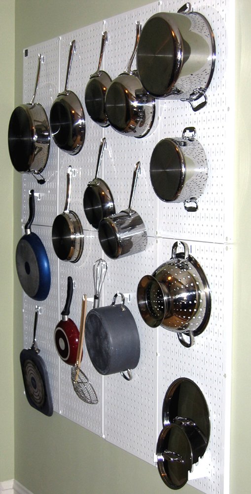 Wall Control Kitchen Pegboard Organizer Pots and Pans Storage Rack Organization Kit with White Pegboard and Black Accessories