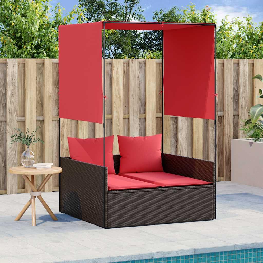 KNERPWD Double Sun Lounger with Cushions for Patio, Brown Red Outdoor Lounger for Two, Metal Frame and Synthetic Rattan Sunbed for Garden or Pool