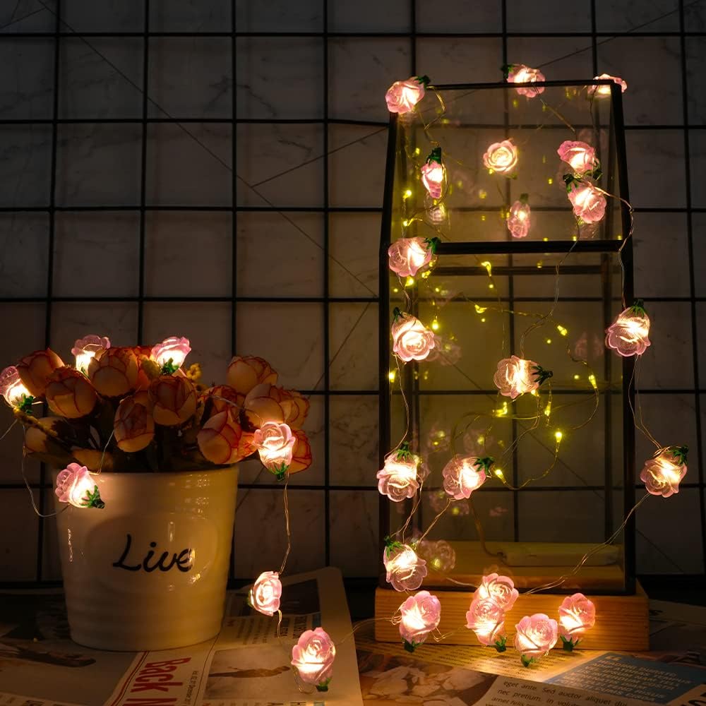 13FT 40LED Pink Rose Flower String Lights, Battery Operated Fairy Light Romantic Valentine's Day Decor, Decorative
