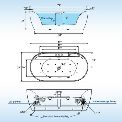 Jet Massage Freestanding Bathtub 71 inch Acrylic Soaking Tub with Bubble Jets and Manual Air Adjustment, Home Spa Bath for Relaxing Deep Water Massage
