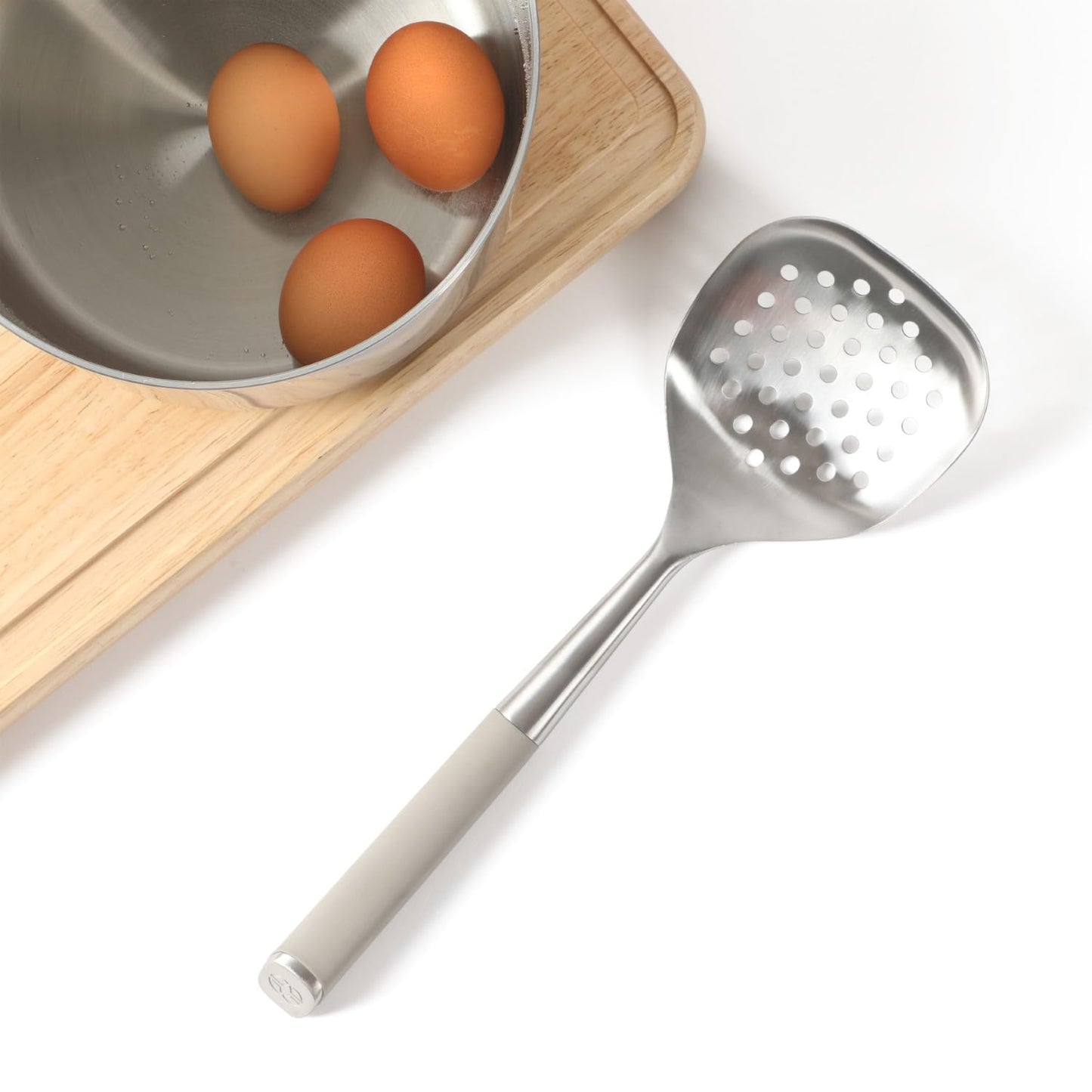 Calphalon Edge Stainless Steel Slotted Spoon/Skimmer with Taupe Handle, Slotted Cooking Tool for Draining and Skimming, Heat-Resistant, Durable Kitchen Utensil for Everyday Use
