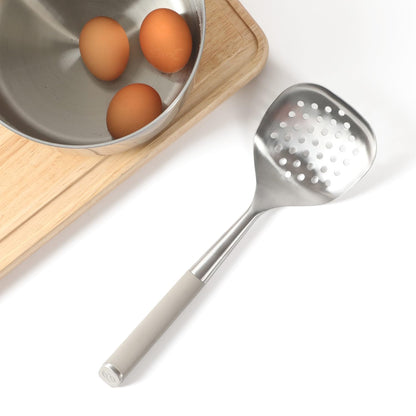 Calphalon Edge Stainless Steel Slotted Spoon/Skimmer with Taupe Handle, Slotted Cooking Tool for Draining and Skimming, Heat-Resistant, Durable Kitchen Utensil for Everyday Use