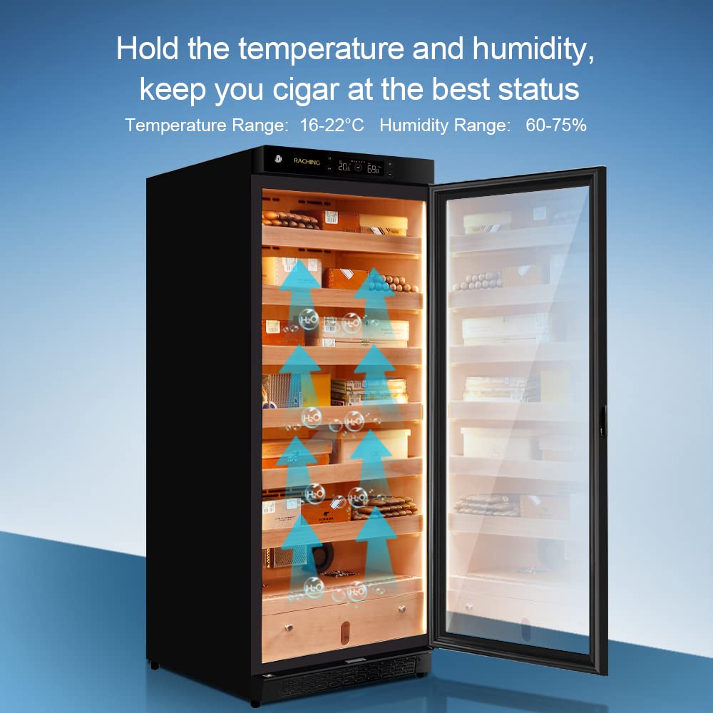 Cigar Climate Control Cabinet, Raching 330L Cigar Humidor Cabinet for Storing&Aging, Wood Frame with Constant Temperature and Humidity System, 6 Premium Canada Cedar Trays - Piano Paint Black