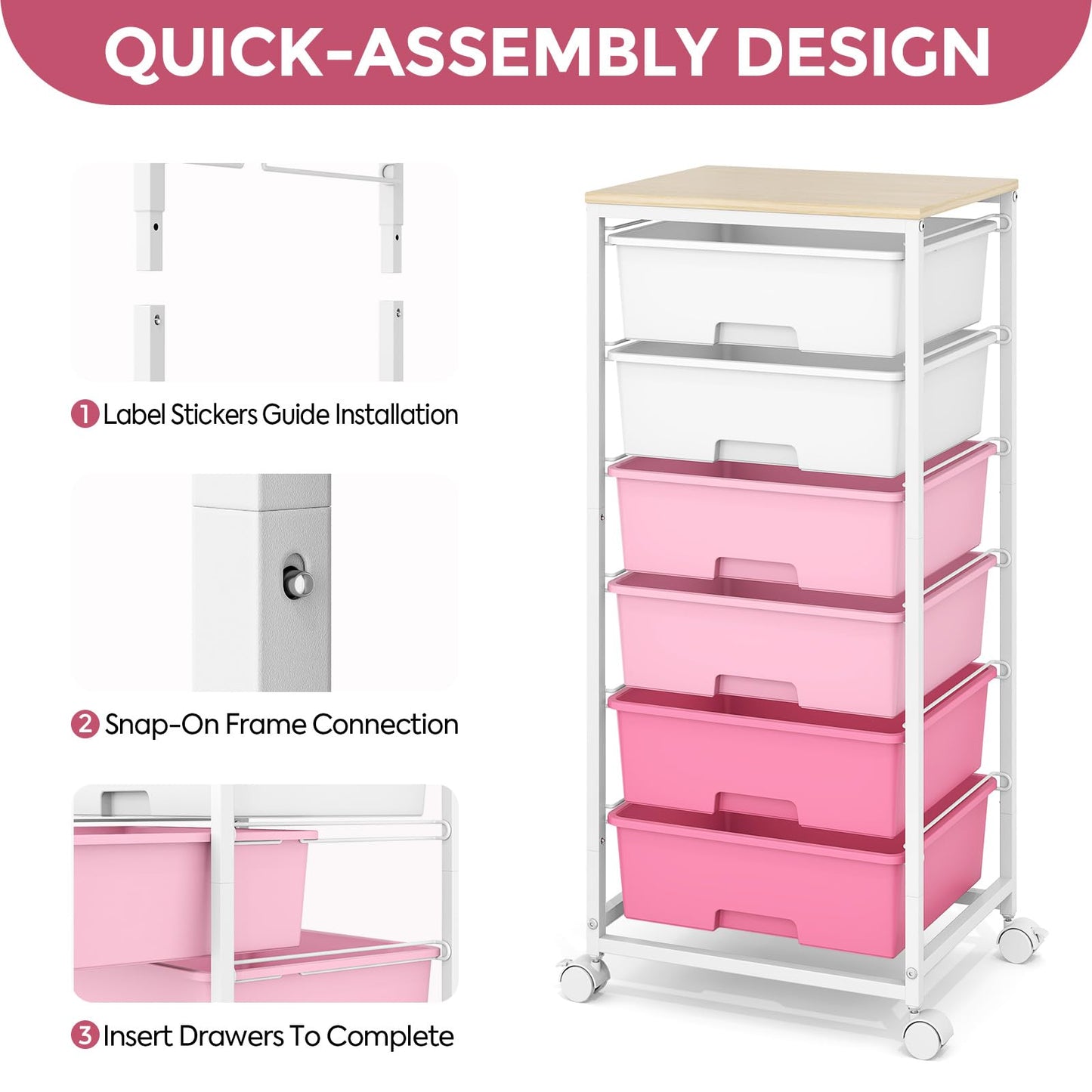 Rolling Storage Cart with 6 Drawers and Wooden Tabletop, Lockable Wheels Utility Cart for Art Studios, Office Supplies & Craft Room Organization (Pink)