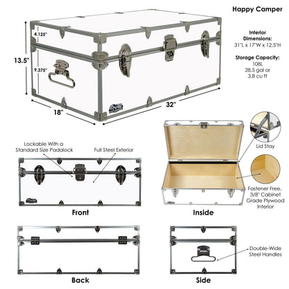 C&N Footlockers - Full-Size Happy Camper Trunk w/Wheels, Tray, & Lidmate Organizer - #1 Summer Camp Trunk - Made in the USA - Steel Footlocker with Lid Stay - 32 x 18 x 13.5 Inches (Maroon)