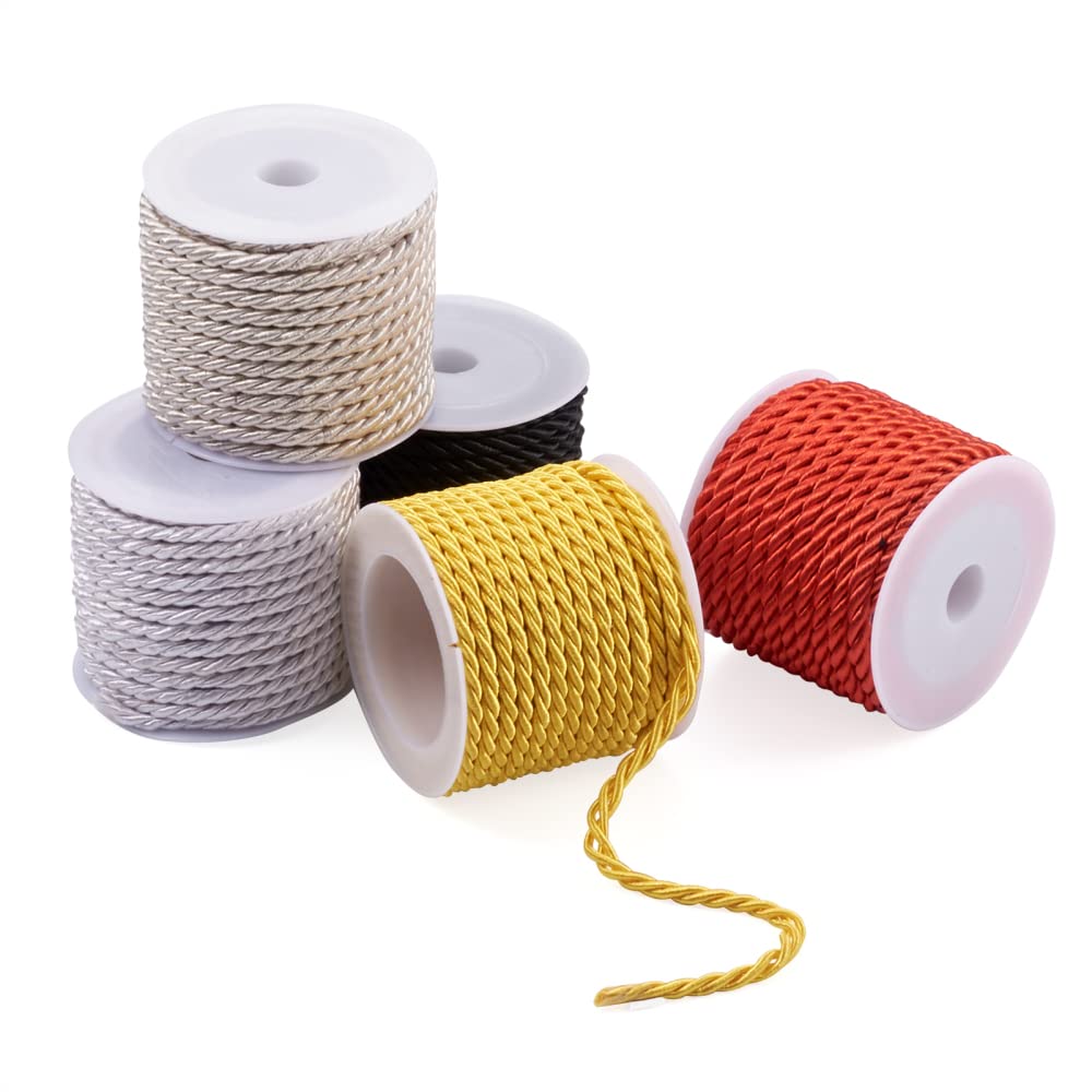 Craftdady 5 Rolls Twisted Cord Trim Rope 3mm Polyester Braided Satin Twine Cord Thread String for DIY Jewelry Craft Home Decoration, About 5.4 Yards/Roll