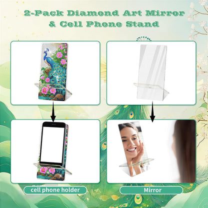 NIHO-JIUMA Diamond Art Phone Stand Kits Peacock, DIY Diamond Painting Acrylic Phone Holder & Mirror, Craft Gift for Adults/Teen