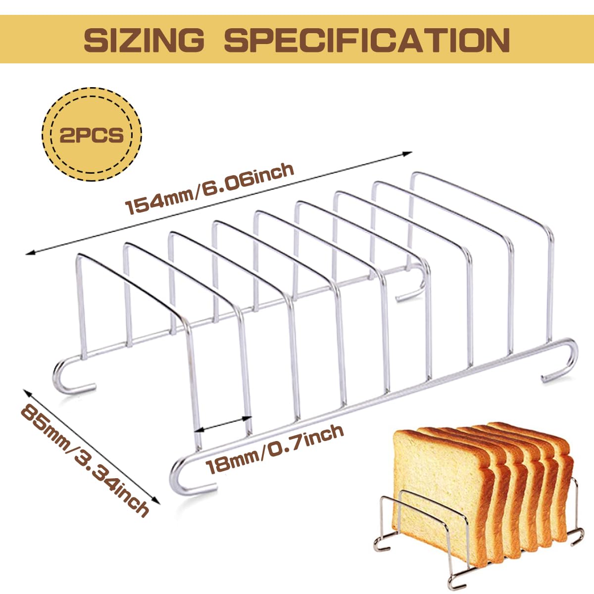 LNQ LUNIQI 2Pcs 8 Slice Toast Bread Rack Stainless Steel Toast and Bread HolderBreakfast Loaf Stand Cooling Grid Bread Rack Air Fryer Accessories