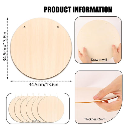 DIYDEC 6 Pack Wood Circles for Crafts 14 Inch Unfinished Wood Slices Blank Wooden Door Hanger Sign Round Wood Discs with Bows Twine Glue Point for DIY Crafts Painting Christmas Home Holiday Decor