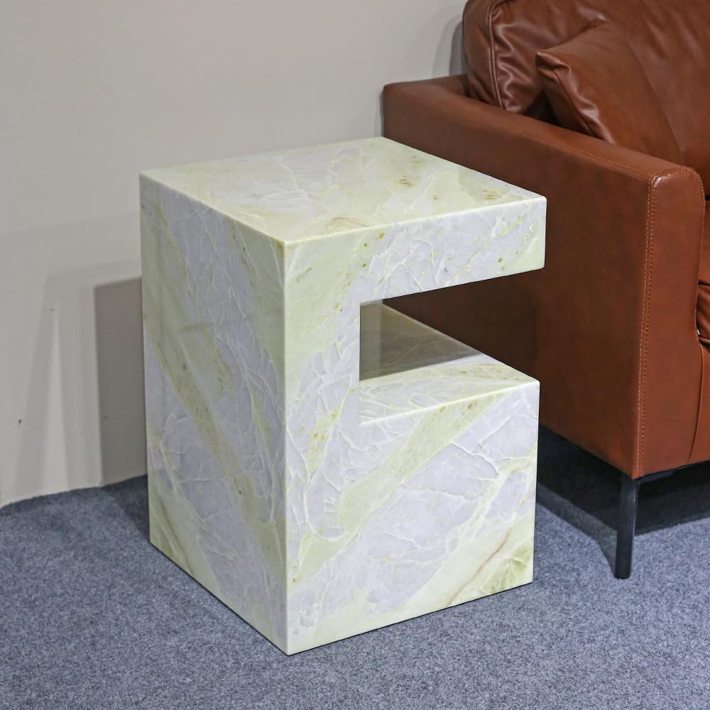 Natural Marble C-Shaped End Table, Luxurious Handmade Coffee Table Suitable for for Living Room Bedroom Bathroom Small Spaces, No Installation Marble Sofa Table for Modern Home Decor