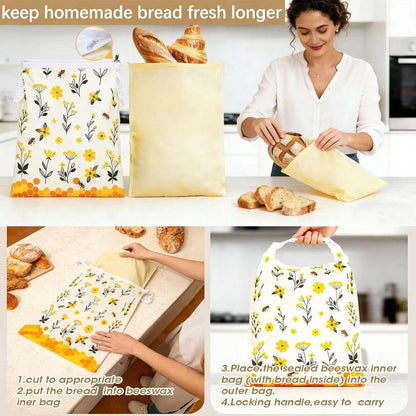 Reusable Beeswax Bread Bags for Homemade Bread & Sourdough, 2 Removable Natural Beeswax Storage Bags and 1 cotton hand pocket, Food-Safe Storage Bag to keeping Loaves fresh longer