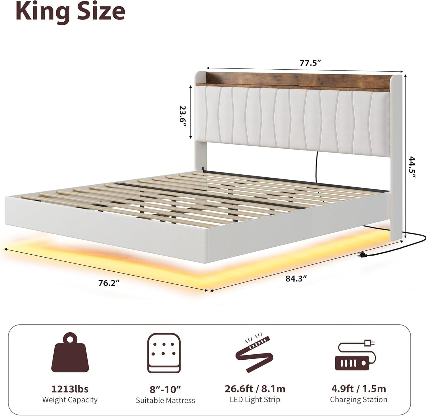 Garvee King Size Floating Bed Frame with LED Lights and Storage Headboard, King Upholstered Metal Platform Bed with Charging Station, Linen Fabric, No Box Spring Needed, Easy Assembly, White