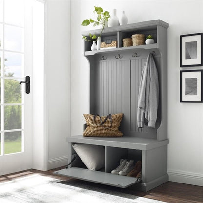 Pemberly Row Coastal Wood Hall Tree, Distressed Gray and Chrome Finish, 64.5" H x 40" W x 18.5" D, Entryway Bench with Coat Rack, Storage Cubbies, Beadboard Accents for Mudroom or Foyer