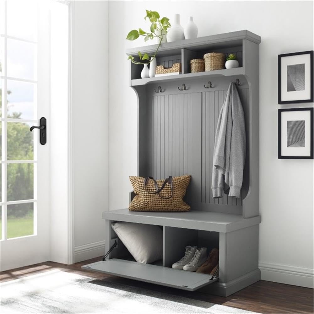 BOWERY HILL Coastal Wood Hall Tree, Distressed Navy Finish, 64.5" H x 40" W x 18.5" D, Solid Poplar Wood and Particle Board, Bench Seat, 4-Hook Coat Rack, Storage Shelves, Entryway Furniture