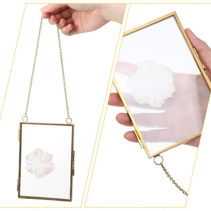 AHQiZFX 6 Pcs Pressed Flower Frames, Double Glass Hanging Picture Frame With Chain, 3 Styles Gold Brass Floating Frame for Dried Flowers, Artwork, Photos, DIY Home Wall Art, Horizontal Vertical