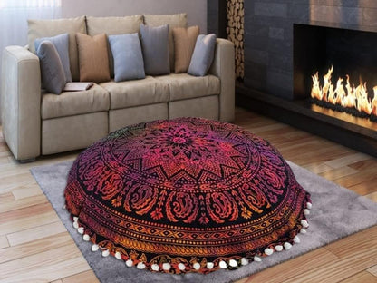 22 Inch Throw Floor Pillow Covers Tie Dye Round Pouf Seating Home Decor Flower Printed Indian Mandala Ottoman Cotton