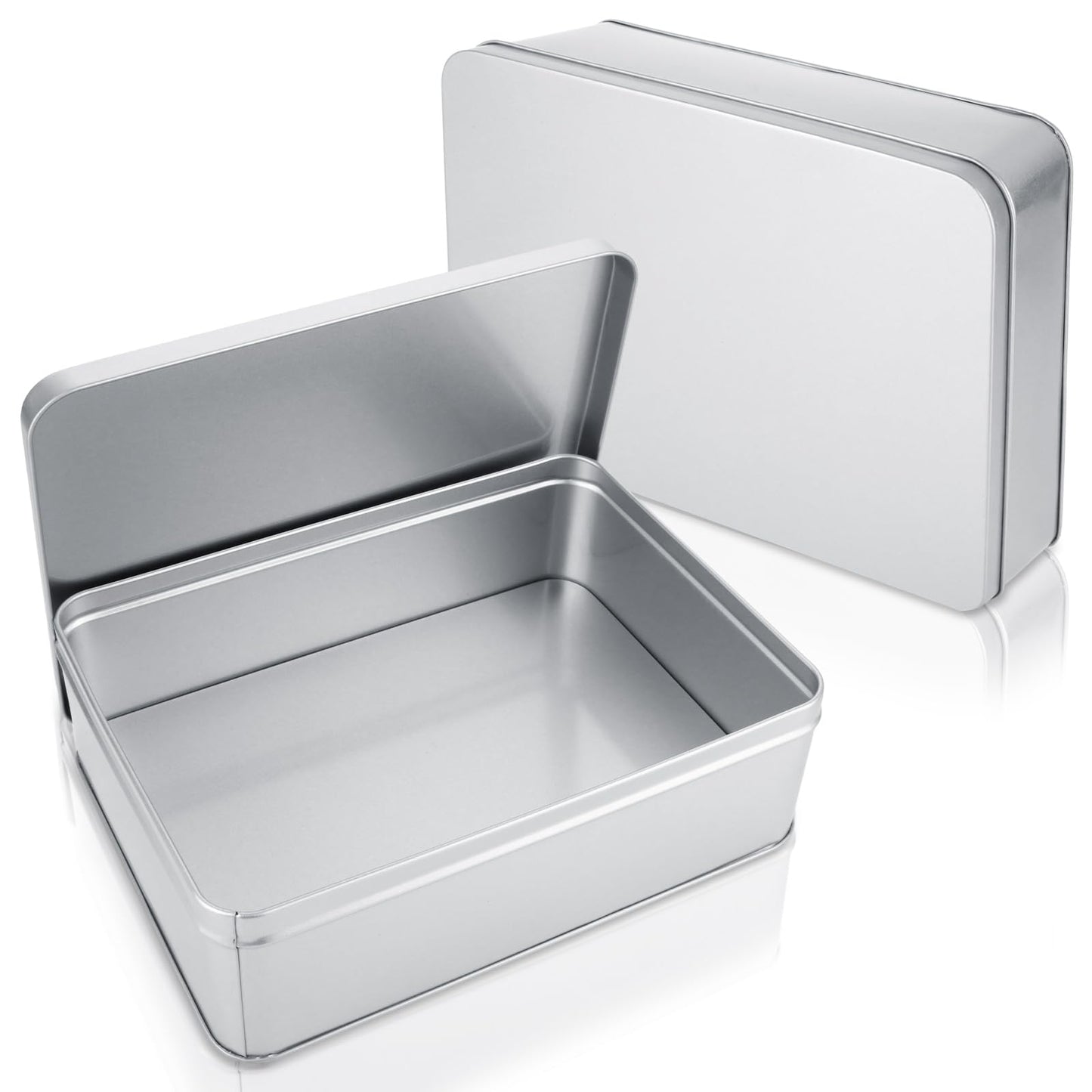2Pcs Metal Tin Box, 8.6”x 6.3”x 2.5”Rectangular Empty Tin Box Containers with Lids, Large Tinplate Containers for Home Organizer, Gifts, Cookies, Pencil Case, Car Keys, Craft Storage, Silver Tone