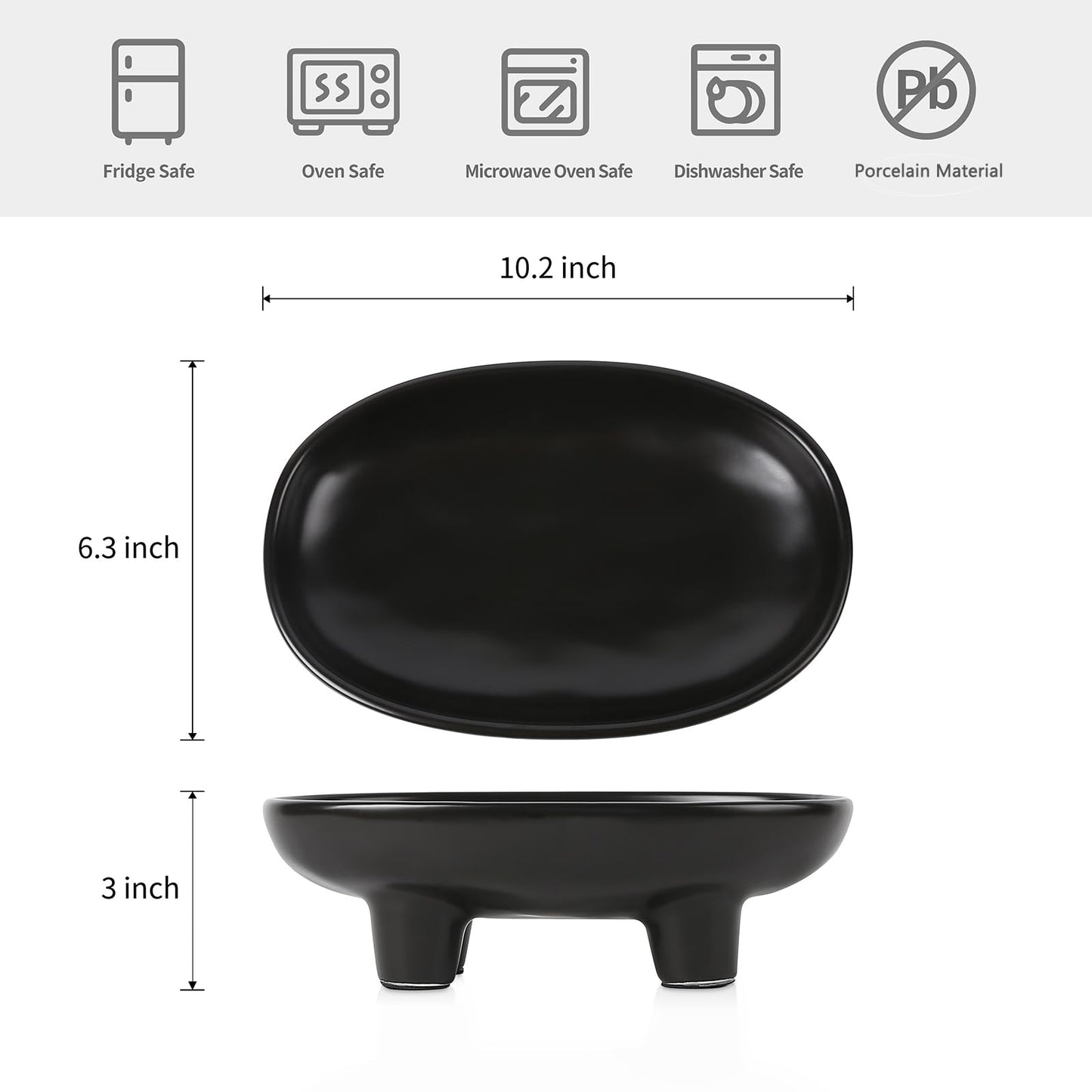 Sureasy 10 Inch Ceramic Fruit Bowl for Kitchen Counter, Decorative Bowl for Home Décor, Modern Pedestal Bowl with 4-Legs, Oval Footed Bowls, Fruit and Vegetable Holder Countertop, Black